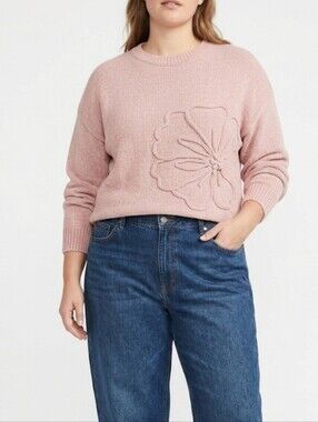 CYNTHIA ROWLEY Blush Pink Chenille Knit Flower Accent Romantic Sweater Large NWT